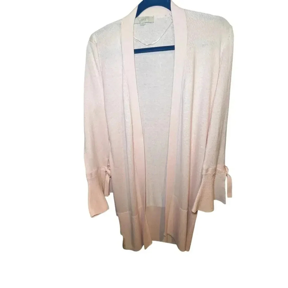 Ann Taylor LOFT Pink Silk Blend Cardigan Small Open Front Bell Sleeve Wrist Tie‎